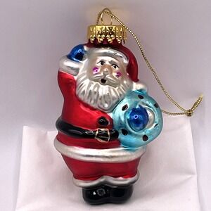 Vintage Santa with Wreath Hand Painted Glass 3" Christmas Ornament